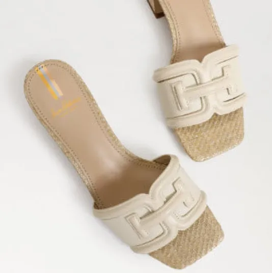 The Raffia & Leather Signature Block Heel Slide in Ivory