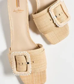 The Raffia Flat Sandal with Beaded Buckle in Bleachwood