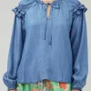 The Long Sleeve Split Neck Top in Chambray