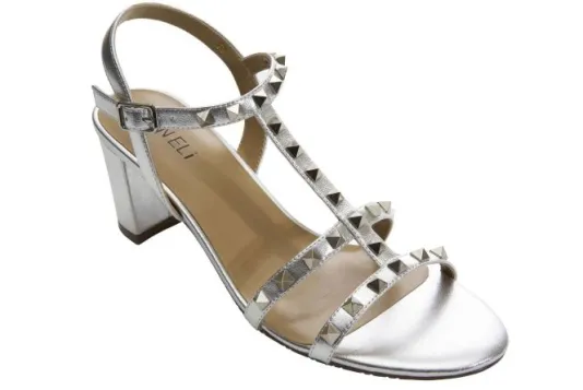 The Mid Heel Pyramid Stud Sandal in Silver