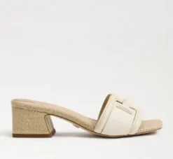 The Raffia & Leather Signature Block Heel Slide in Ivory