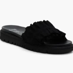 The Ruffle Comfort Slide Sandal in Black